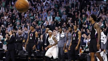 Feb 10, 2016; Boston, MA, USA; Boston Celtics guard Isaiah Thomas (4) reacts after his basket sending the game into overtime against the Los Angeles Clippers in the second half at TD Garden. Celtics defeated the Clippers in overtime 139-134. Mandatory Credit: David Butler II-USA TODAY Sports
