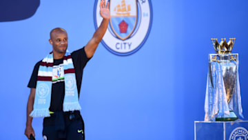 MANCHESTER, ENGLAND - MAY 20: Vincent Kompany of Manchester City acknowledges fans during the Manchester City Teams Celebration Parade on May 20, 2019 in Manchester, England. (Photo by Nathan Stirk/Getty Images)