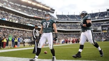 Jan 01, 2012; Philadelphia, PA, USA; Philadelphia Eagles tight end Brent Celek (87) celebrates scoring a touchdown during the fourth quarter against the Washington Redskins at Lincoln Financial Field. The Eagles defeated the Redskins 34-10. Mandatory Credit: Howard Smith-USA TODAY Sports