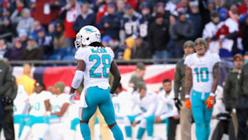 FOXBORO, MA - NOVEMBER 26: Bobby McCain #28 of the Miami Dolphins reacts after getting ejected from the game during the third quarter of a game against the New England Patriots at Gillette Stadium on November 26, 2017 in Foxboro, Massachusetts. (Photo by Jim Rogash/Getty Images)