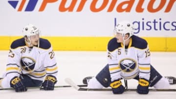 Mar 7, 2016; Toronto, Ontario, CAN; Buffalo Sabres center Sam Reinhart (23) talks to center Jack Eichel (15) as they warm up before playing against the Toronto Maple Leafs at Air Canada Centre. Mandatory Credit: Tom Szczerbowski-USA TODAY Sports