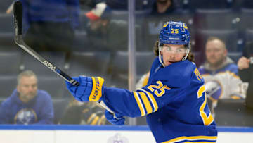 BUFFALO, NEW YORK - NOVEMBER 15: Owen Power #25 of the Buffalo Sabres warms up before the game against the Vancouver Canucks at KeyBank Center on November 15, 2022 in Buffalo, New York. (Photo by Joshua Bessex/Getty Images)