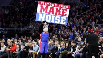 Apr 8, 2016; Auburn Hills, MI, USA; Detroit Pistons mascot Hooper holds up a sign during the fourth quarter against the Washington Wizards at The Palace of Auburn Hills. Pistons win 112-99. Mandatory Credit: Raj Mehta-USA TODAY Sports