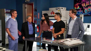 “Birds of a Feather” – When Agent Parker is framed for murder, the team puts their jobs and lives on the line in order to buy time and uncover the truth on the 19th season finale of CBS Original Series NCIS, Monday, May 23 (9:00-10:00 PM, ET/PT) on the CBS Television Network and available to stream live and on demand on Paramount+*. Pictured: Brian Dietzen as Jimmy Palmer, David McCallum as Dr. Donald "Ducky" Mallard, Katrina Law as NCIS Special Agent Jessica Knight, Wilmer Valderrama as Special Agent Nicholas “Nick” Torres, and Sean Murray as Special Agent Timothy McGee. Photo: Michael Yarish/CBS ©2022 CBS Broadcasting, Inc. All Rights Reserved.