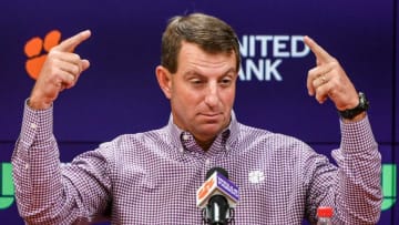 Clemson head coach Dabo Swinney speaks in the Smart Family Media Center at the Smart Family Media Center at the Poe Indoor Practice Facility in Clemson, S.C. Tuesday, Nov 21, 2023.