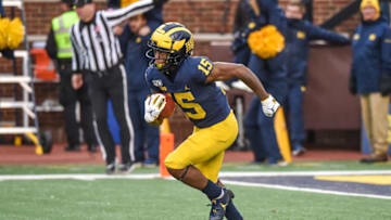 ANN ARBOR, MICHIGAN - NOVEMBER 30: Giles Jackson #15 looks to run back a kickoff during the second half of a college football game against the Ohio State Buckeyes at Michigan Stadium on November 30, 2019 in Ann Arbor, MI. The Ohio State Buckeyes won the game 56-27 over the Michigan Wolverines. (Photo by Aaron J. Thornton/Getty Images)