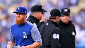LOS ANGELES, CA - MAY 09: Justin Turner #10 of the Los Angeles Dodgers smiles as he leaves a crew of umpires at home plate before the game against the Arizona Diamondbacks at Dodger Stadium on May 9, 2018 in Los Angeles, California. (Photo by Harry How/Getty Images)