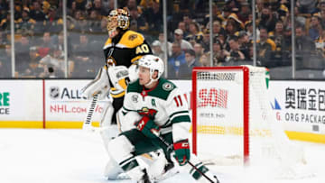 BOSTON, MA - JANUARY 08: Minnesota Wild left wing Zach Parise (11) sets up wide on Boston Bruins goalie Tuukka Rask (40) during a game between the Boston Bruins and the Minnesota Wild on January 8, 2019, at TD Garden in Boston, Massachusetts. (Photo by Fred Kfoury III/Icon Sportswire via Getty Images)