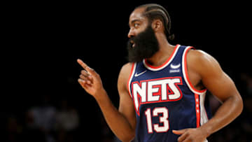 Nov 30, 2021; Brooklyn, New York, USA; Brooklyn Nets guard James Harden (13) reacts after a three point basket against the New York Knicks during the first quarter at Barclays Center. Mandatory Credit: Brad Penner-USA TODAY Sports