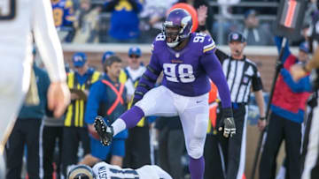 Nov 8, 2015; Minneapolis, MN, USA; Minnesota Vikings defensive tackle Linval Joseph (98) celebrates his tackle against St. Louis Rams wide receiver Tavon Austin (11) in the second quarter at TCF Bank Stadium. The Vikings win 21-18. Mandatory Credit: Bruce Kluckhohn-USA TODAY Sports
