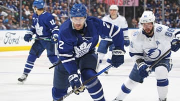 Luke Schenn #2 of the Toronto Maple Leafs skates against Nikita Kucherov #86 of the Tampa Bay Lightning during Game One of the First Round of the 2023 Stanley Cup Playoffs at Scotiabank Arena on April 18, 2023 in Toronto, Ontario, Canada. The Lightning defeated the Maple Leafs 7-3. (Photo by Claus Andersen/Getty Images)