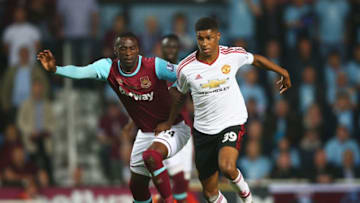 LONDON, ENGLAND - MAY 10: Pedro Mba Obiang of West Ham United and Marcus Rashford of Manchester United battle for the ball during the Barclays Premier League match between West Ham United and Manchester United at the Boleyn Ground on May 10, 2016 in London, England. West Ham United are playing their last ever home match at the Boleyn Ground after their 112 year stay at the stadium. The Hammers will move to the Olympic Stadium for the 2016-17 season. (Photo by Paul Gilham/Getty Images)