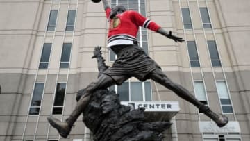 Jun 15, 2013; Chicago, IL, USA; A general view of the Michael Jordan statue wearing a Chicago Blackhawks jersey before game two of the 2013 Stanley Cup Final against the Boston Bruins at the United Center. Mandatory Credit: Rob Grabowski-USA TODAY Sports