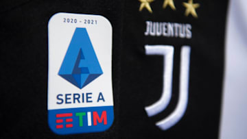 MANCHESTER, ENGLAND - MAY 10: The Serie A logo and Juventus club badge on their first team home shirt amid talk of Serie A expelling Juventus if they enter the European Super League on May 10, 2021 in Manchester, United Kingdom. (Photo by Visionhaus/Getty Images)