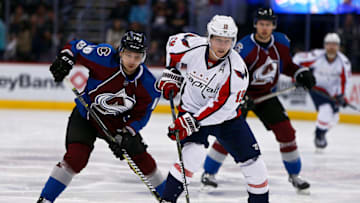 DENVER, CO - MARCH 29: Washington Capitals center, Nicklas Backstrom (19) skates into the zone while Colorado Avalanche right wing, Sven Andrighetto (10) chases the play during a regular season NHL game between the Colorado Avalanche and the visiting Washington Capitals on March 29, 2017, at the Pepsi Center in Denver, CO. (Photo by Russell Lansford/Icon Sportswire via Getty Images)