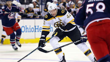 Dec 27, 2016; Columbus, OH, USA; Boston Bruins right wing David Backes (42) controls the puck against the Columbus Blue Jackets in the third period at Nationwide Arena. The Blue Jackets won 4-3. Mandatory Credit: Aaron Doster-USA TODAY Sports