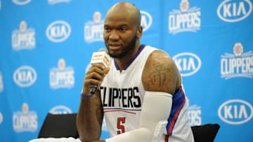 September 26, 2016; Los Angeles, CA, USA; Los Angeles Clippers center Marreese Speights (5) speaks during media day at Clipper Training Facility in Playa Vista. Mandatory Credit: Gary A. Vasquez-USA TODAY Sports