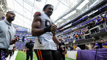 Oct 3, 2021; Minneapolis, Minnesota, USA; Cleveland Browns defensive end Myles Garrett (95) walks off the field after the game against the Minnesota Vikings at U.S. Bank Stadium. Mandatory Credit: Jeffrey Becker-USA TODAY Sports