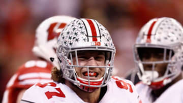 INDIANAPOLIS, IN - DECEMBER 02: Defensive lineman Nick Bosa #97 of the Ohio State Buckeyes celebrates after a sack against the Wisconsin Badgers in the second half during the Big Ten Championship game at Lucas Oil Stadium on December 2, 2017 in Indianapolis, Indiana. (Photo by Andy Lyons/Getty Images)