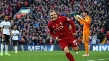 LIVERPOOL, ENGLAND - NOVEMBER 11: Xherdan Shaqiri of Liverpool celebrates after scoring his team's second goal during the Premier League match between Liverpool FC and Fulham FC at Anfield on November 11, 2018 in Liverpool, United Kingdom. (Photo by Alex Livesey/Getty Images)
