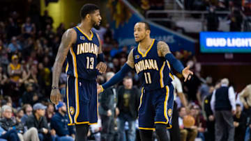 CLEVELAND, OH - APRIL 2: Paul George #13 of the Indiana Pacers and Monta Ellis #11 talk on the court during the second half against the Cleveland Cavaliers at Quicken Loans Arena on April 2, 2017 in Cleveland, Ohio. The Cavaliers defeated the Pacers 135-130 in double overtime. (Photo by Jason Miller/Getty Images)