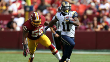 LANDOVER, MD - SEPTEMBER 20: Wide receiver Tavon Austin #11 of the St. Louis Rams carries the ball past inside linebacker Perry Riley #56 of the Washington Redskins in the third quarter of a game at FedExField on September 20, 2015 in Landover, Maryland. (Photo by Matt Hazlett/Getty Images)