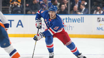 NEW YORK, NY - JANUARY 13: Chris Kreider #20 of the New York Rangers skates with the puck against the New York Islanders at Madison Square Garden on January 13, 2020 in New York City. (Photo by Jared Silber/NHLI via Getty Images)
