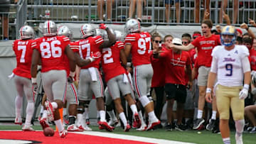 Sep 10, 2016; Columbus, OH, USA; The Ohio State Buckeyes celebrate returning an interception for a touchdown by safety Malik Hooker (not pictured) in the first half against the Tulsa Golden Hurricane at Ohio Stadium. Mandatory Credit: Aaron Doster-USA TODAY Sports