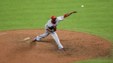 Sep 18, 2013; Houston, TX, USA; Cincinnati Reds relief pitcher Aroldis Chapman (54) pitches during the thirteenth inning against the Houston Astros at Minute Maid Park. Mandatory Credit: Troy Taormina-USA TODAY Sports