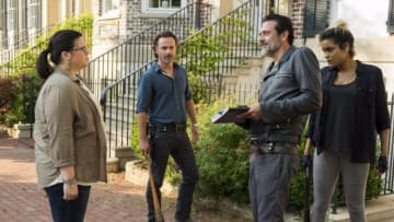 Andrew Lincoln as Rick Grimes, Jeffrey Dean Morgan as Negan, Ann Mahoney as Olivia, Elizabeth Ludlow as Arat - The Walking Dead _ Season 7, Episode 4 - Photo Credit: Gene Page/AMC