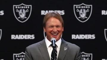 ALAMEDA, CA - JANUARY 09: Oakland Raiders new head coach Jon Gruden speaks during a news conference at Oakland Raiders headquarters on January 9, 2018 in Alameda, California. Jon Gruden has returned to the Oakland Raiders after leaving the team in 2001. (Photo by Justin Sullivan/Getty Images)