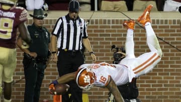Oct 29, 2016; Tallahassee, FL, USA; Clemson tight end Jordan Leggett (16) scores the winning touchdown at Doak Campbell Stadium. Clemson beat the Florida State Seminoles 37-34. Mandatory Credit: Glenn Beil-USA TODAY Sports