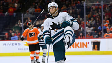 Oct 23, 2022; Philadelphia, Pennsylvania, USA; San Jose Sharks center Steven Lorentz (16) celebrates a goal against the Philadelphia Flyers in the second period at Wells Fargo Center. Mandatory Credit: Kyle Ross-USA TODAY Sports