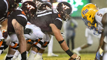 Offensive lineman Bryan Hudson #61 of the Virginia Tech Hokies (Photo by Michael Shroyer/Getty Images)