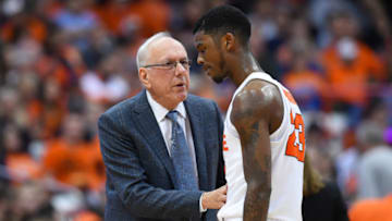 SYRACUSE, NY - NOVEMBER 14: Head coach Jim Boeheim of the Syracuse Orange talks with Frank Howard