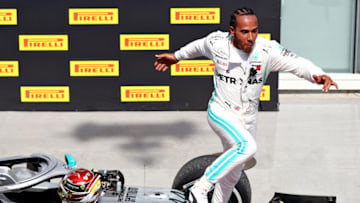 MONTREAL, QUEBEC - JUNE 09: Race winner Lewis Hamilton of Great Britain and Mercedes GP celebrates in parc ferme during the F1 Grand Prix of Canada at Circuit Gilles Villeneuve on June 09, 2019 in Montreal, Canada. (Photo by Mark Thompson/Getty Images)