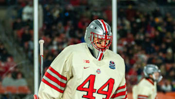 CLEVELAND, OH FEBRUARY 18: Jakub Dobes #44 of the Ohio State Buckeyes skates across his crease in the 3rd period against the Michigan Wolverines during the Faceoff on the Lake NCAA ice hockey game at FirstEnergy Stadium on February 18, 2023 in Cleveland, OH. Ohio State won the game with a final score of 4-2. (Photo by Jaime Crawford/Getty Images)