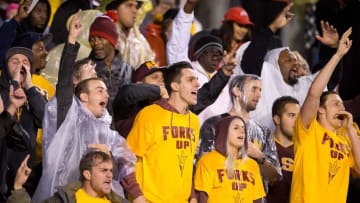 Oct 17, 2015; Salt Lake City, UT, USA; Arizona State Sun Devils fans cheer during the second half against the Utah Utes at Rice-Eccles Stadium. Utah won 34-18. Mandatory Credit: Russ Isabella-USA TODAY Sports