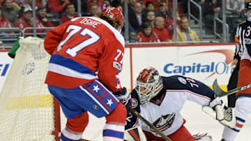 WASHINGTON, DC - MARCH 23: Columbus Blue Jackets goalie Sergei Bobrovsky (72) makes a second period save on a shot by Washington Capitals right wing T.J. Oshie (77) on March 23, 2017, at the Verizon Center in Washington, D.C. The Washington Capitals defeated the Columbus Blue Jackets 2-1 in a shootout. (Photo by Mark Goldman/Icon Sportswire via Getty Images)