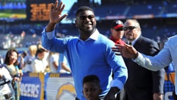Nov 22, 2015; San Diego, CA, USA; Former San Diego Chargers running back Ladainian Tomlinson waves to the fans before the game against the Kansas City Chiefs at Qualcomm Stadium. Mandatory Credit: Orlando Ramirez-USA TODAY Sports