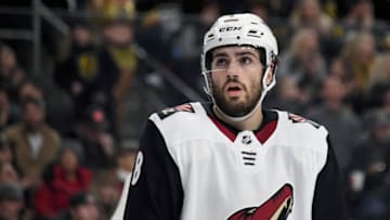 LAS VEGAS, NEVADA - DECEMBER 28: Nick Schmaltz #8 of the Arizona Coyotes waits for a faceoff in the second period of a game against the Vegas Golden Knights at T-Mobile Arena on December 28, 2019 in Las Vegas, Nevada. The Golden Knights defeated the Coyotes 4-1. (Photo by Ethan Miller/Getty Images)