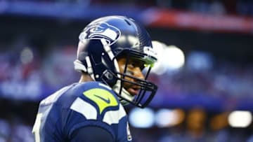 Feb 1, 2015; Glendale, AZ, USA; Seattle Seahawks quarterback Russell Wilson (3) against the New England Patriots in Super Bowl XLIX at University of Phoenix Stadium. Mandatory Credit: Mark J. Rebilas-USA TODAY Sports