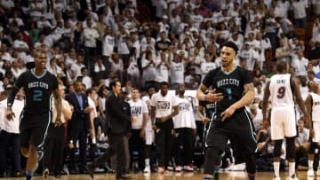 Apr 27, 2016; Miami, FL, USA; Charlotte Hornets guard Courtney Lee (1) reacts after making a basket against the Miami Heat during the second half in game five of the first round of the NBA Playoffs at American Airlines Arena. Mandatory Credit: Steve Mitchell-USA TODAY Sports