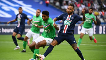 Paris Saint-Germain's Neymar, Saint-Etienne's Wesley Fofana (Photo by FRANCK FIFE/AFP via Getty Images)