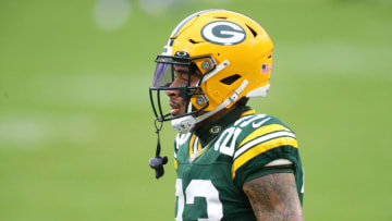 Jan 16, 2021; Green Bay, Wisconsin, USA; Green Bay Packers cornerback Jaire Alexander (23) against the Los Angeles Rams during the NFC Divisional Round at Lambeau Field. Mandatory Credit: Mark J. Rebilas-USA TODAY Sports