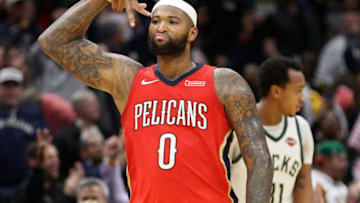 NEW ORLEANS, LA - DECEMBER 13: DeMarcus Cousins #0 of the New Orleans Pelicans reacts after a three point shot against the Milwaukee Bucks at Smoothie King Center on December 13, 2017 in New Orleans, Louisiana. NOTE TO USER: User expressly acknowledges and agrees that, by downloading and or using this photograph, User is consenting to the terms and conditions of the Getty Images License Agreement. (Photo by Chris Graythen/Getty Images)