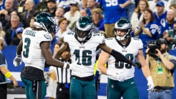 NFL Picks; Philadelphia Eagles wide receiver Quez Watkins (16) celebrates his touchdown with teammates in the second half against the Indianapolis Colts at Lucas Oil Stadium. Mandatory Credit: Trevor Ruszkowski-USA TODAY Sports