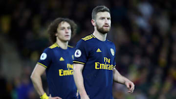 NORWICH, ENGLAND - DECEMBER 01: Shkodran Mustafi of Arsenal reacts during the Premier League match between Norwich City and Arsenal FC at Carrow Road on December 01, 2019 in Norwich, United Kingdom. (Photo by Julian Finney/Getty Images)