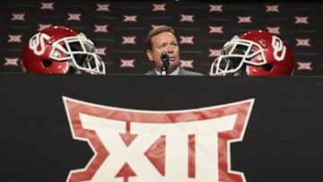 Jul 19, 2016; Dallas, TX, USA; Oklahoma Sooners head coach Bob Stoops speaks to the media during the Big 12 Media Days at Omni Dallas Hotel. Mandatory Credit: Kevin Jairaj-USA TODAY Sports