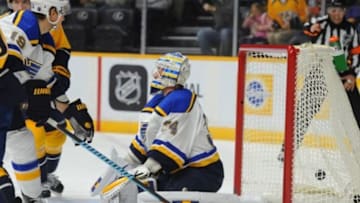 Feb 27, 2016; Nashville, TN, USA; St. Louis Blues goalie Jake Allen (34) reacts after a goal during the first period against the Nashville Predators at Bridgestone Arena. Mandatory Credit: Christopher Hanewinckel-USA TODAY Sports